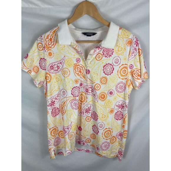 Lands End Womans Short Sleeve Paisley Pattern Polo Shirt Size Large - Picture 1 of 3